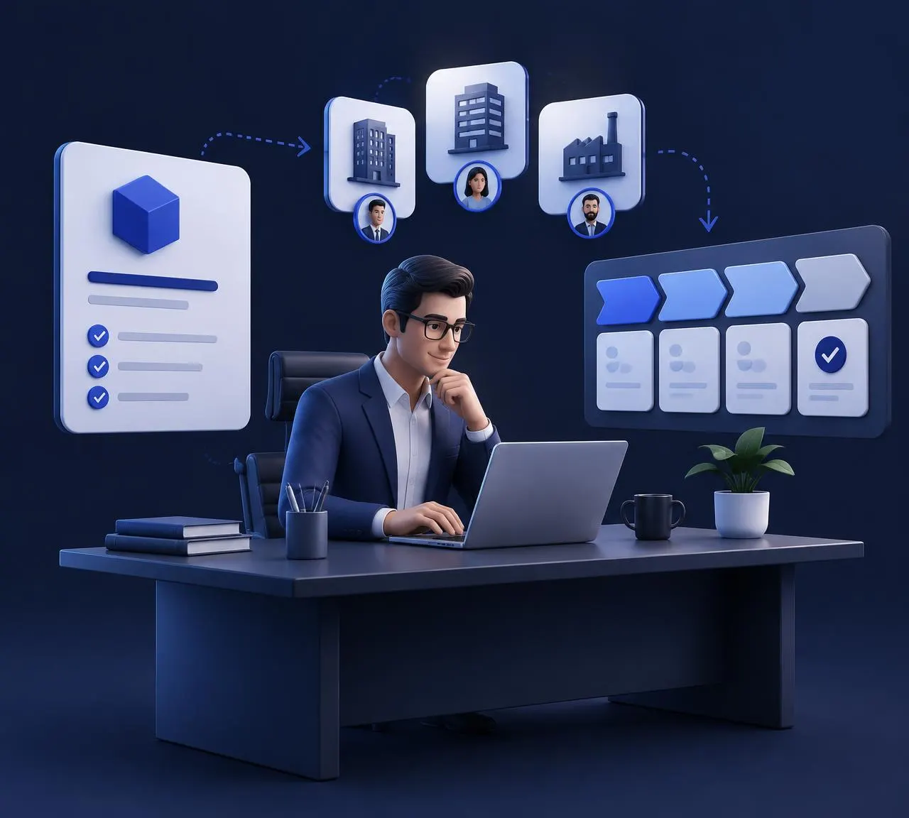 A professional at a desk building a business, with a service offer, target client companies and a sales pipeline floating around them